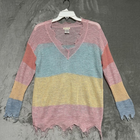 Main Strip Sweaters - Main Strip Distressed V Neck Sweater Womens S Pink Colorblock Oversized Boho